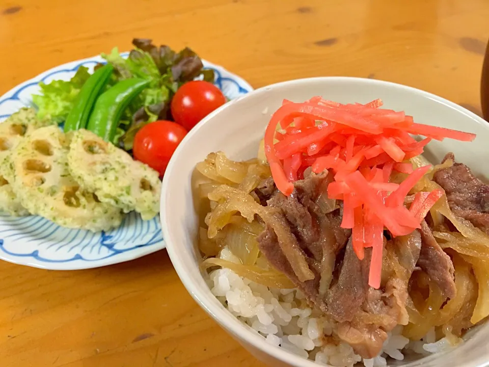 牛丼切り干し大根入りと蓮根のてんぷら|ルドルフさん