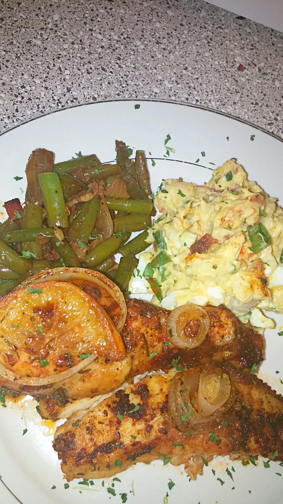 OVEN BAKED TERIYAKI & BROWN SUGAR BBQ CHICKEN, PAN SEARED TILAPIA, KAJUN GREEN BEANS, HOMEMADE POTATO SALAD MADE WITH RED POTATOES AND BACON!!  #DUTCHSTRUTTERSK|THE KITCHEN QUEENさん