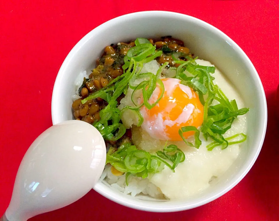 とろろ芋と納豆、大根おろしに温泉卵たっぷり長ネギのねばねば丼（笑）パワー付けました（笑）|はみちゃんさん