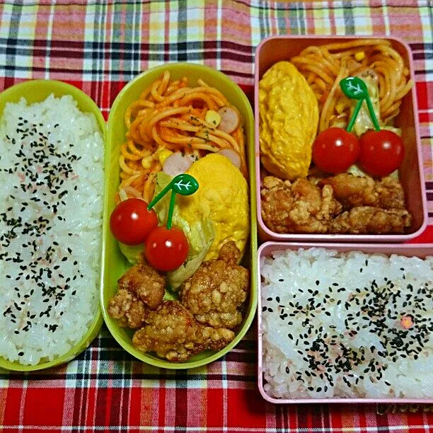 二人娘弁当🍱
♪唐揚げ
♪オムレツ
♪スパゲティ
♪ミニトマト|ふみぃさん