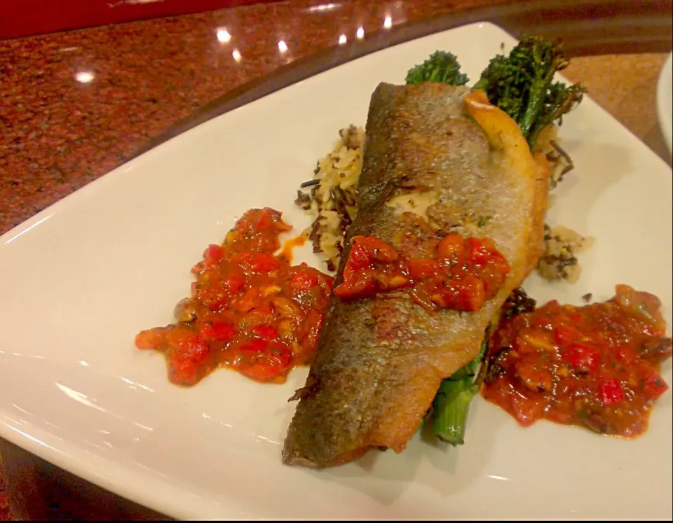 broccolini stuffed trout w/roasted red peppe romesco....|chef Charlesさん