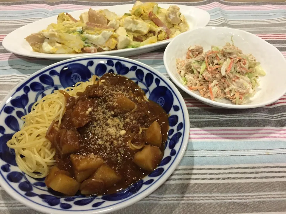 ハヤシパスタ・白菜と豆腐のチャンプルーら・ツナサラダ|まーままさん