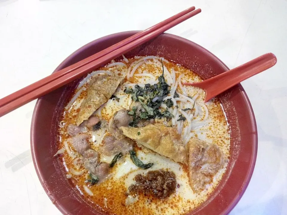 We call this noodle dish: Laska.
There is an old saying that the soup based is made by wrapping earthworms in a small towel, and boiled it in water.
:)|秋平さん