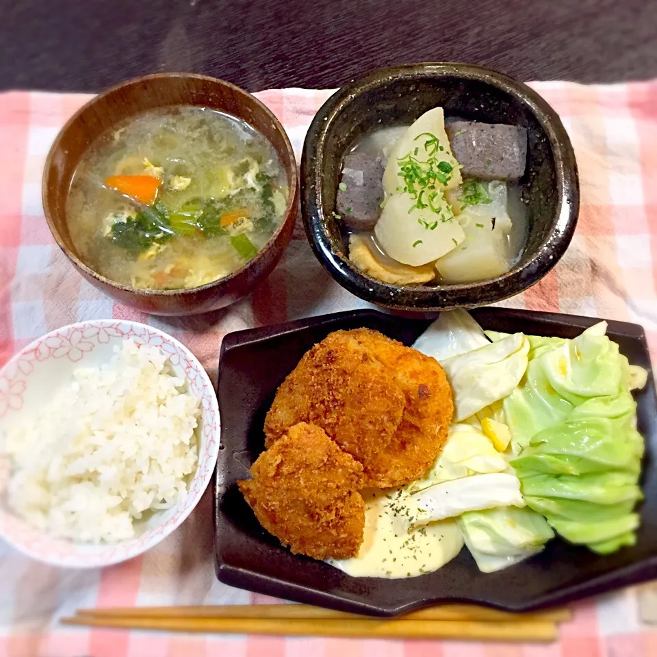 チキン南蛮 塩レモンキャベツ 大根とコンニャクの煮物 中華スープ|2boy mamさん