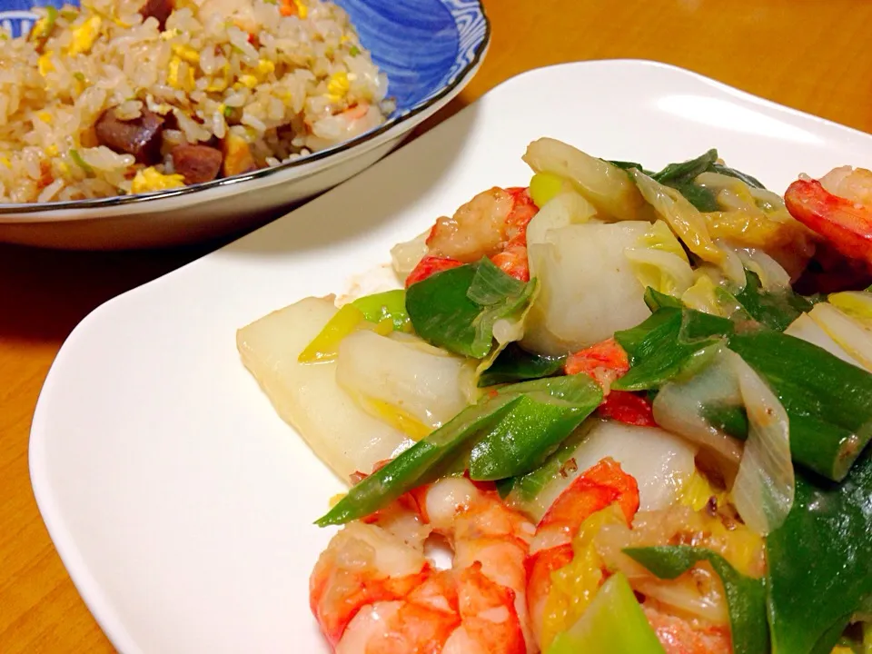 金華ハムの炒飯とエビの海老味炒め|きんぐさん