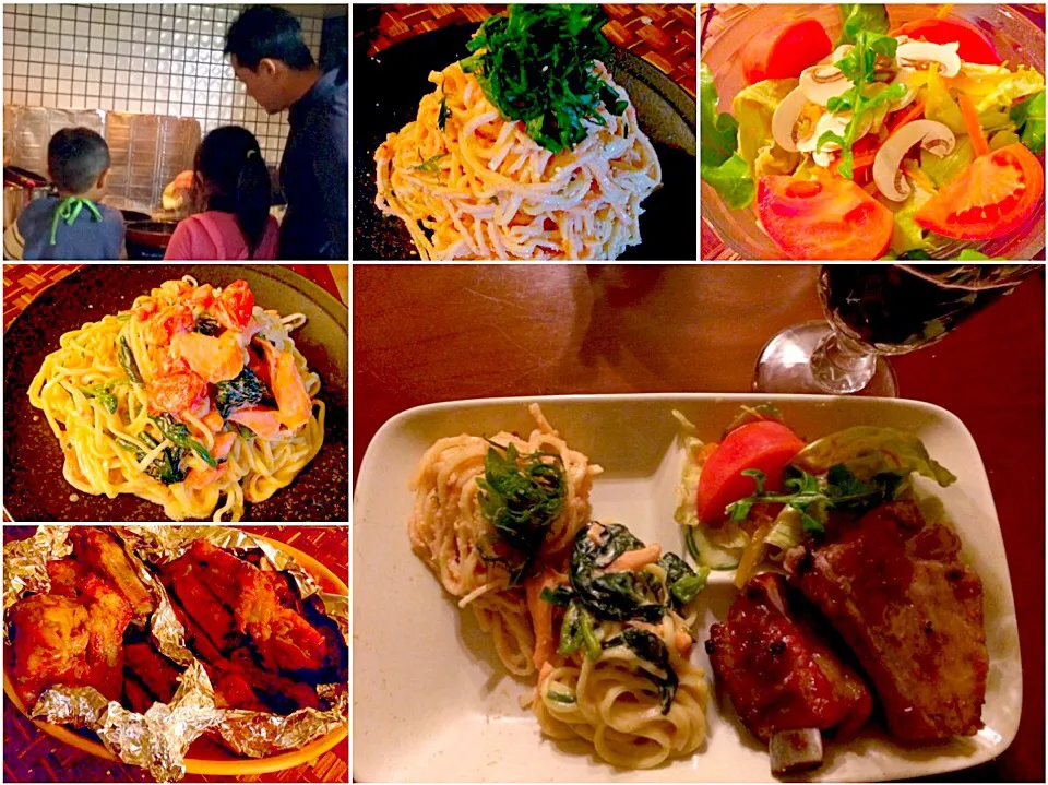 Today's Dinner🍴ｻﾗﾀﾞ,焦がしﾊﾞﾀｰのﾀﾗｺﾊﾟｽﾀ,ｻｰﾓﾝとほうれん草のｸﾘｰﾑﾊﾟｽﾀ,ﾛｰｽﾄ&BBQｽﾍﾟｱﾘﾌﾞ|🌈Ami🍻さん