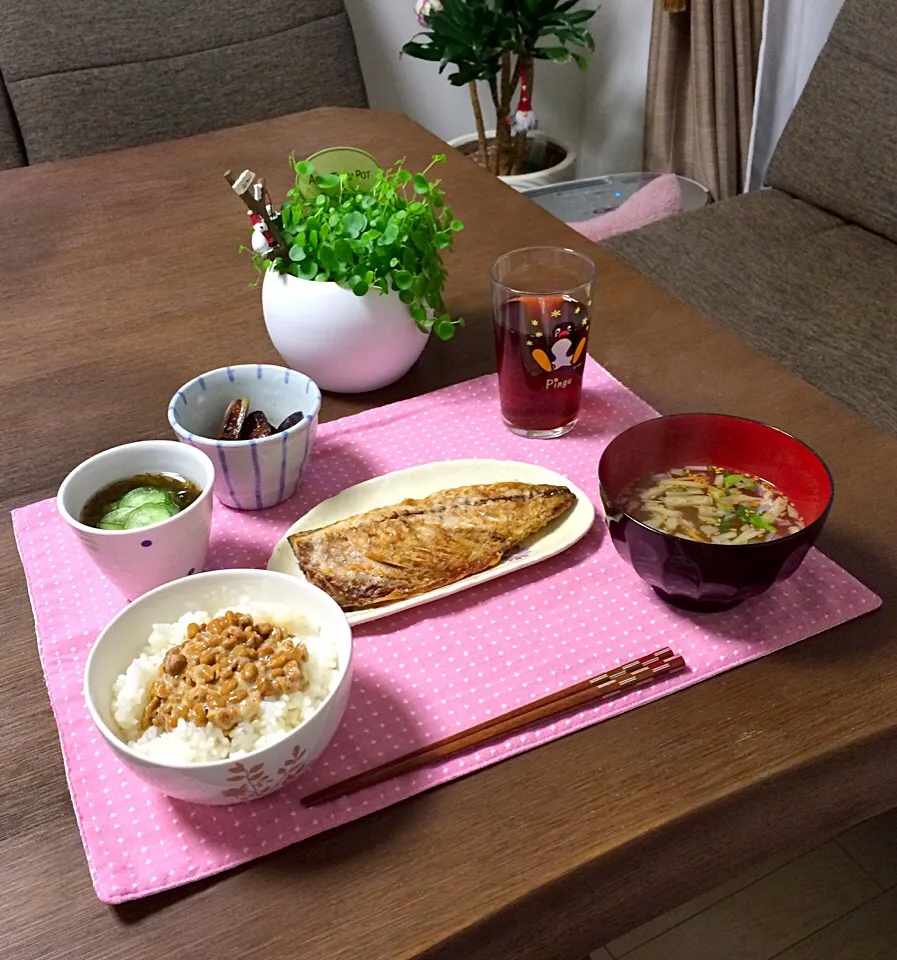 Snapdishの料理写真:塩鯖、納豆ご飯、きゅうりもずく酢、茄子の旭ポン酢和え、きんぴらのお味噌汁、ほうじ茶|pentarouさん