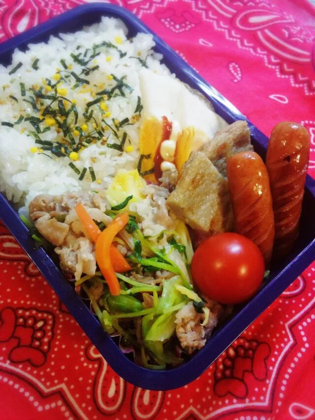 Snapdishの料理写真:12月9日(火)　高1男子弁当
豚肉野菜の醤油麹炒め、目玉焼き、じゃこ天、ウィンナー、プチトマト|Tomokoさん