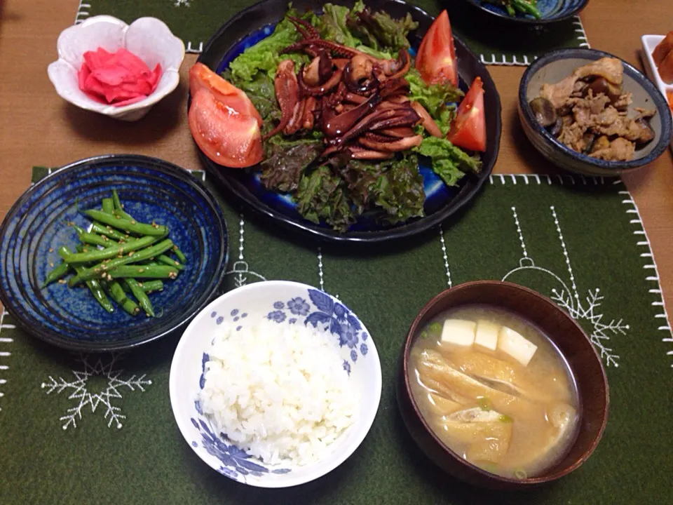 イカゲソバター醤油炒め☆インゲン胡麻和え☆豚肉ナス炒め☆お味噌汁☆|Milfeliceさん