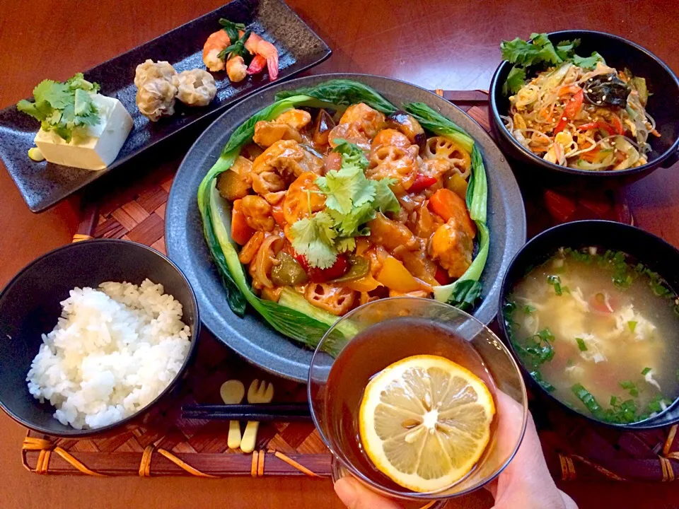 Today's Cantonese cuisine Dinner🍴前菜･涼拌五絲･糖醋鸡･西紅柿鶏蛋湯(かき卵とﾄﾏﾄの中華ｽｰﾌﾟ)|🌈Ami🍻さん