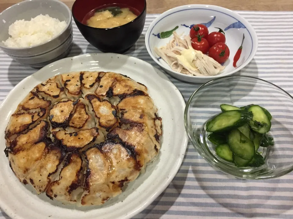 白菜とネギのさっぱり優しい餃子・蒸し鶏ミニトマトのマヨポンサラダ・青ジソキュウリの浅漬け・油揚げワカメ味噌汁|まーままさん