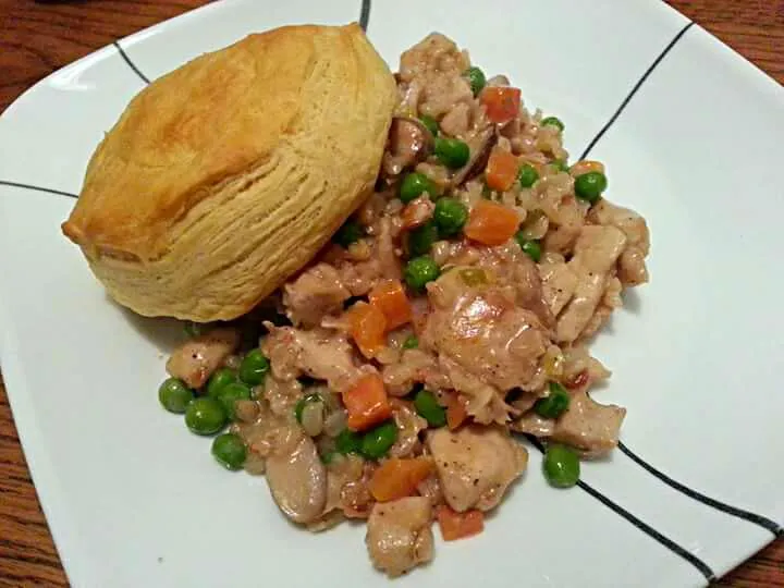 Snapdishの料理写真:Deconstructed Chicken Pot Pie - Honey Roll "crust" and a filling of Chicken Breast, Brown Rice, and Vegetables|Melissa Marie Hallさん