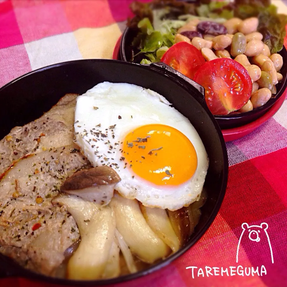 Snapdishの料理写真:お弁当🐷バジルソテー丼&豆サラ|たれめぐま◡̈✩*さん