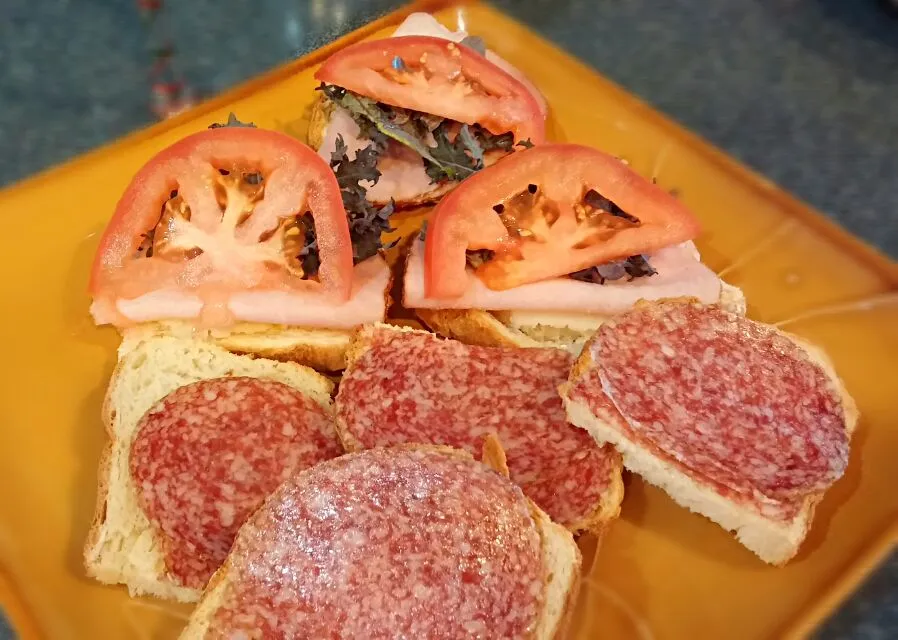 Salami and smoked pork loin with tomato, kale and cheese open face sandwich|Jiraphon Gさん