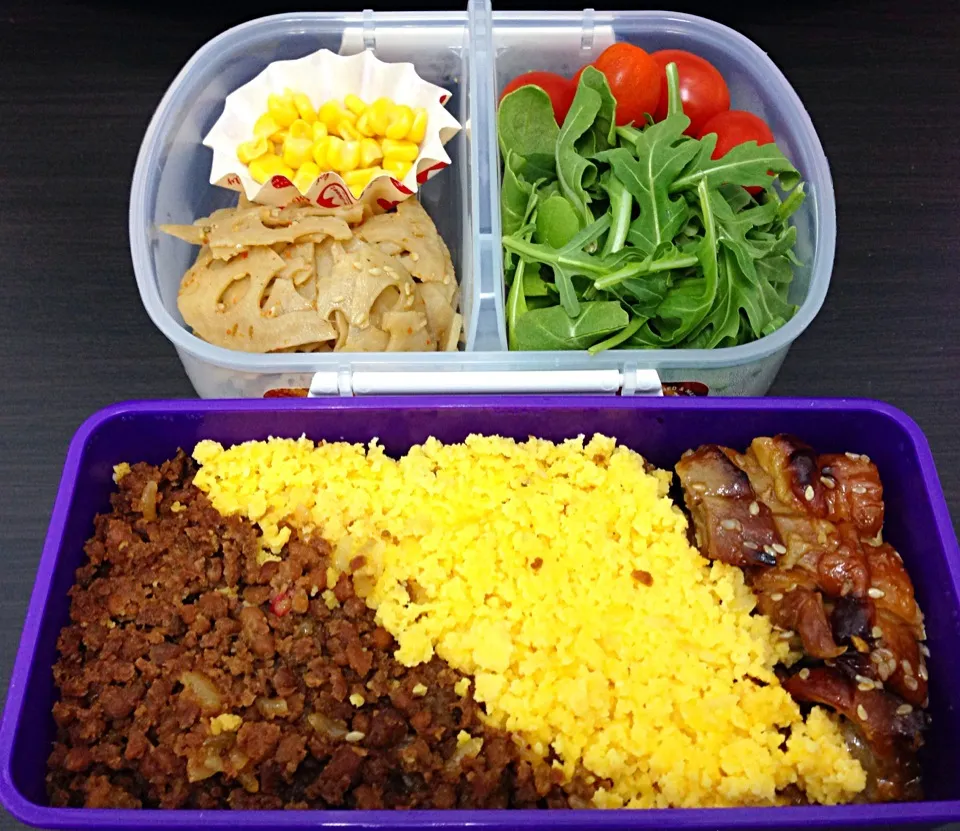 Today's bento - soboro don with grilled chicken. Rucola salad and renkon kinpira|coxiella24さん