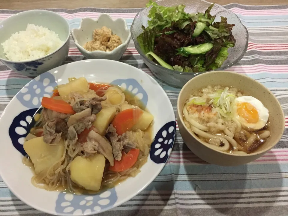 肉じゃが・うどん・たち生姜煮・サニーレタスサラダ|まーままさん