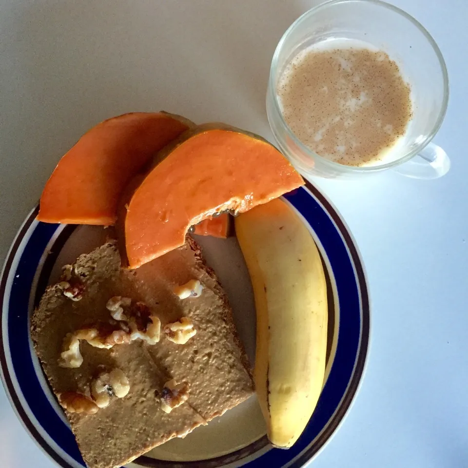 Peanut butter on Ezekiel toast with walnuts with warm cinnamon infused almond milk. Mini banana and papaya.|victoria valerioさん