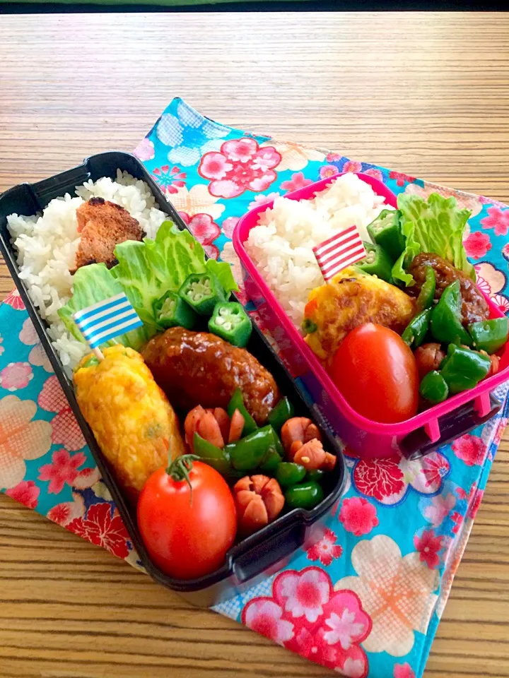 Snapdishの料理写真:＊お弁当＊ 野菜入りオムレツ ハンバーグ ピーマンとウインナー炒め トマトとオクラ|pinoyamaさん