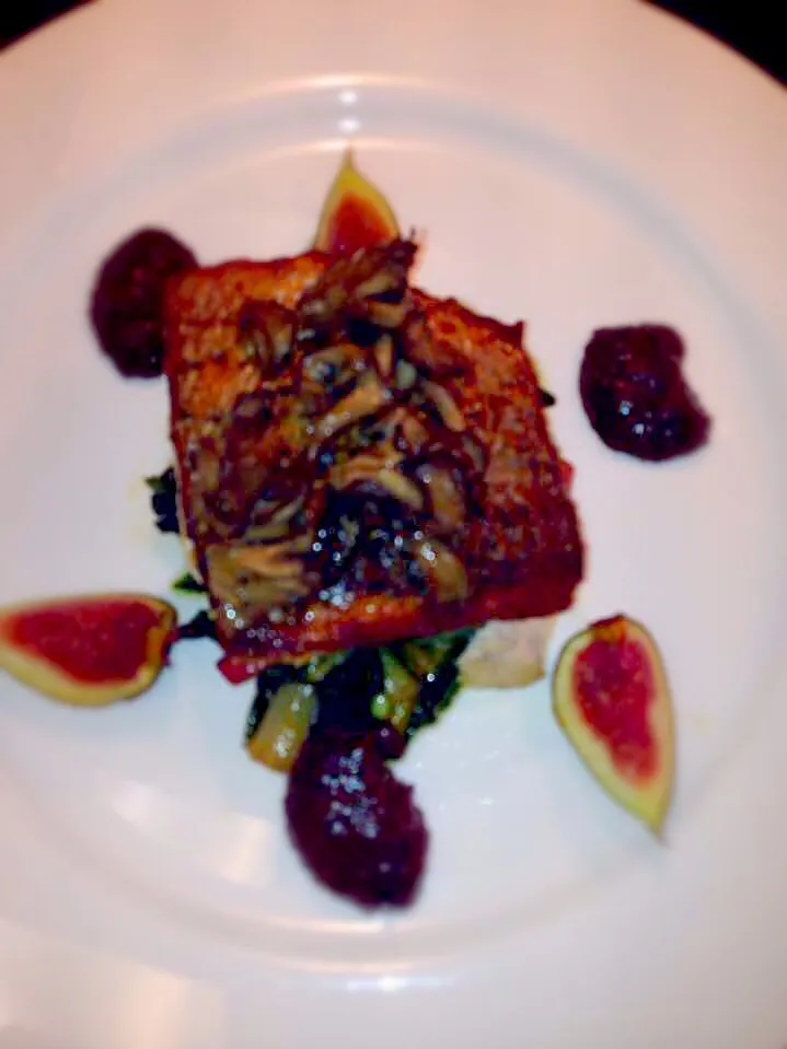 Snapdishの料理写真:Swiss chard, local sea bass, hen of woods mushrooms & fig mustarda|kayoさん