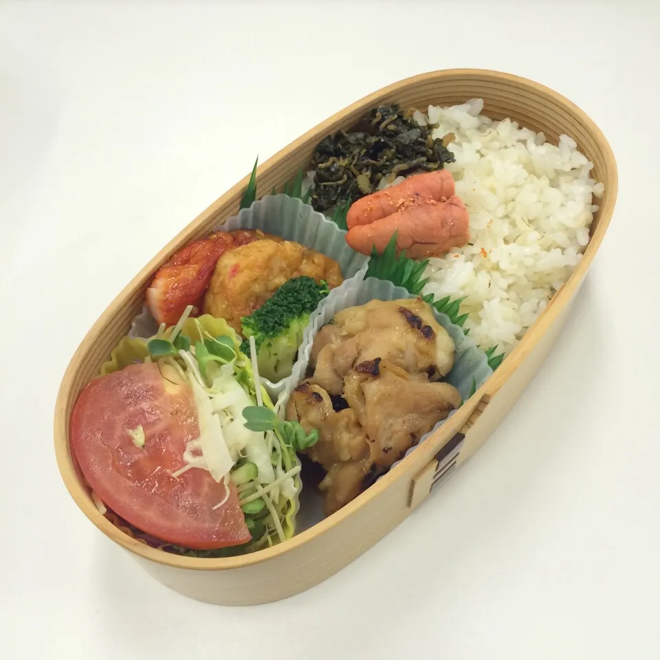 弁当（鶏照り焼き、カレイ味醂、しょうが天、サラダ、焼き明太子、木胡椒佃煮）|SasaMasa213さん