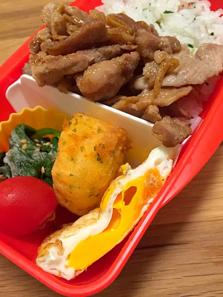 Snapdishの料理写真:12/12 豚肉のめんつゆマヨ炒め弁当|satomiさん