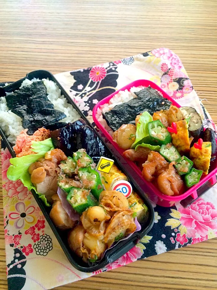 Snapdishの料理写真:＊お弁当＊鶏の照り焼き ナス焼き オクラおかか和え 卵焼き ホタテバター焼き|pinoyamaさん