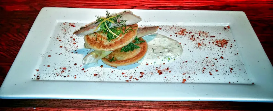 Smoked mackerel, buckwheat pancakes with sauce of white cottage cheese and horseradish ...|Matthew NLさん