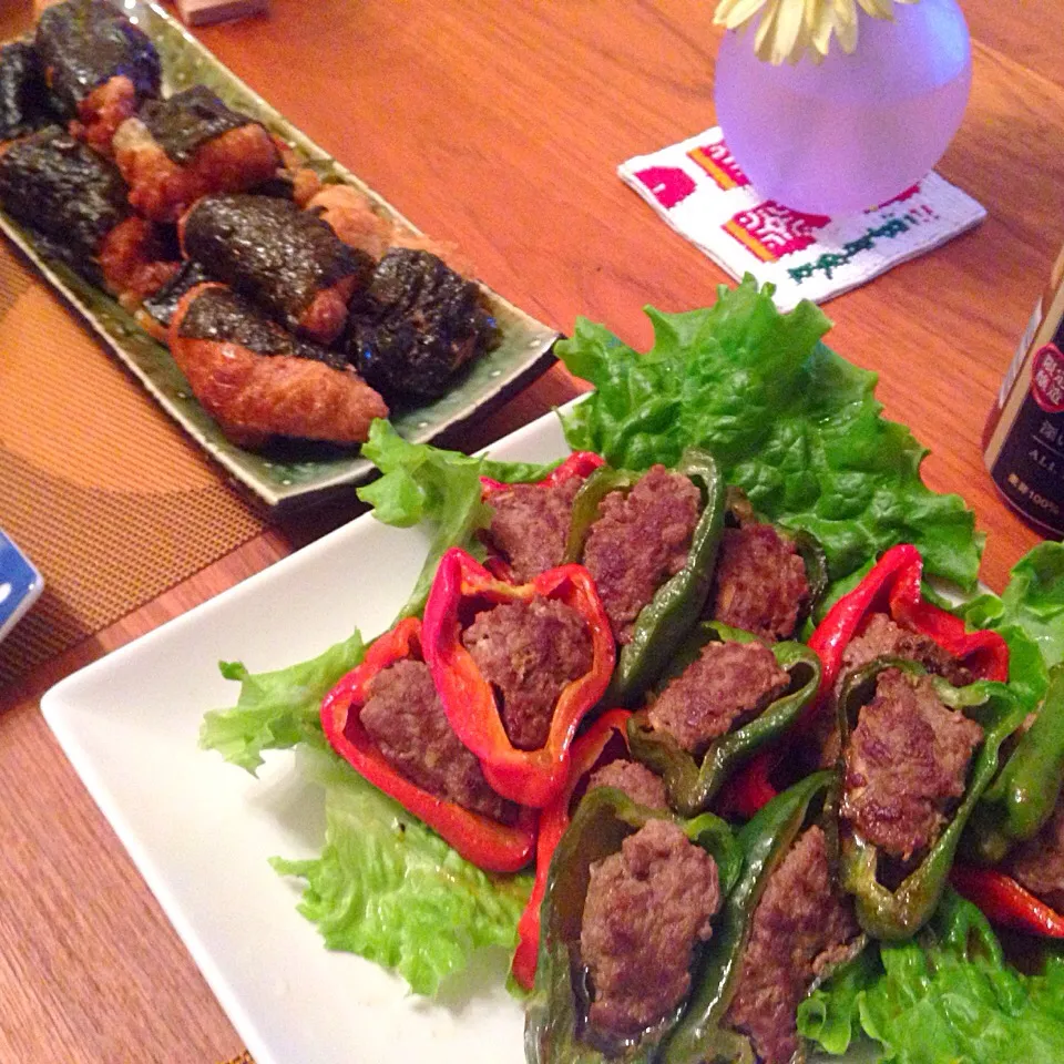 ピーマンの肉詰め＆山芋の磯辺揚げ|美穂さん