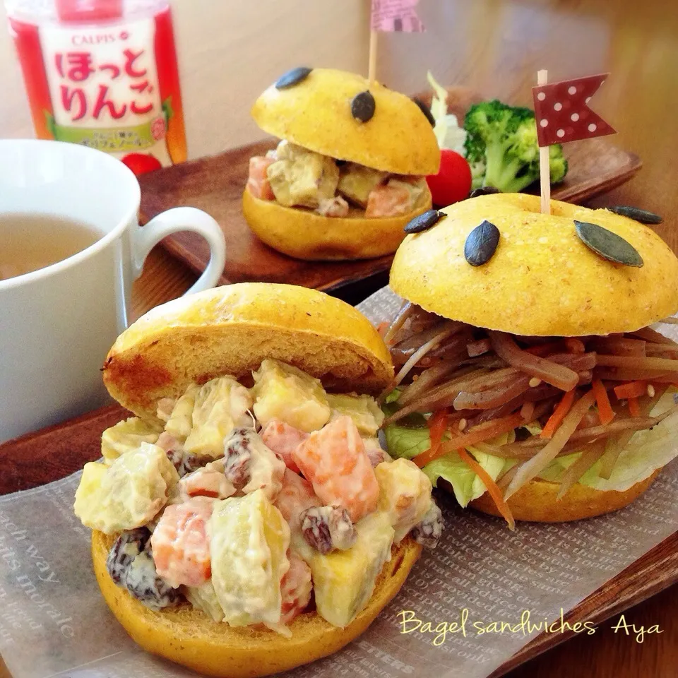 ゆか♡さんの料理 柿とさつま芋のヨーグルトサラダ😋💕de かぼちゃベーグルサンド|あやさん