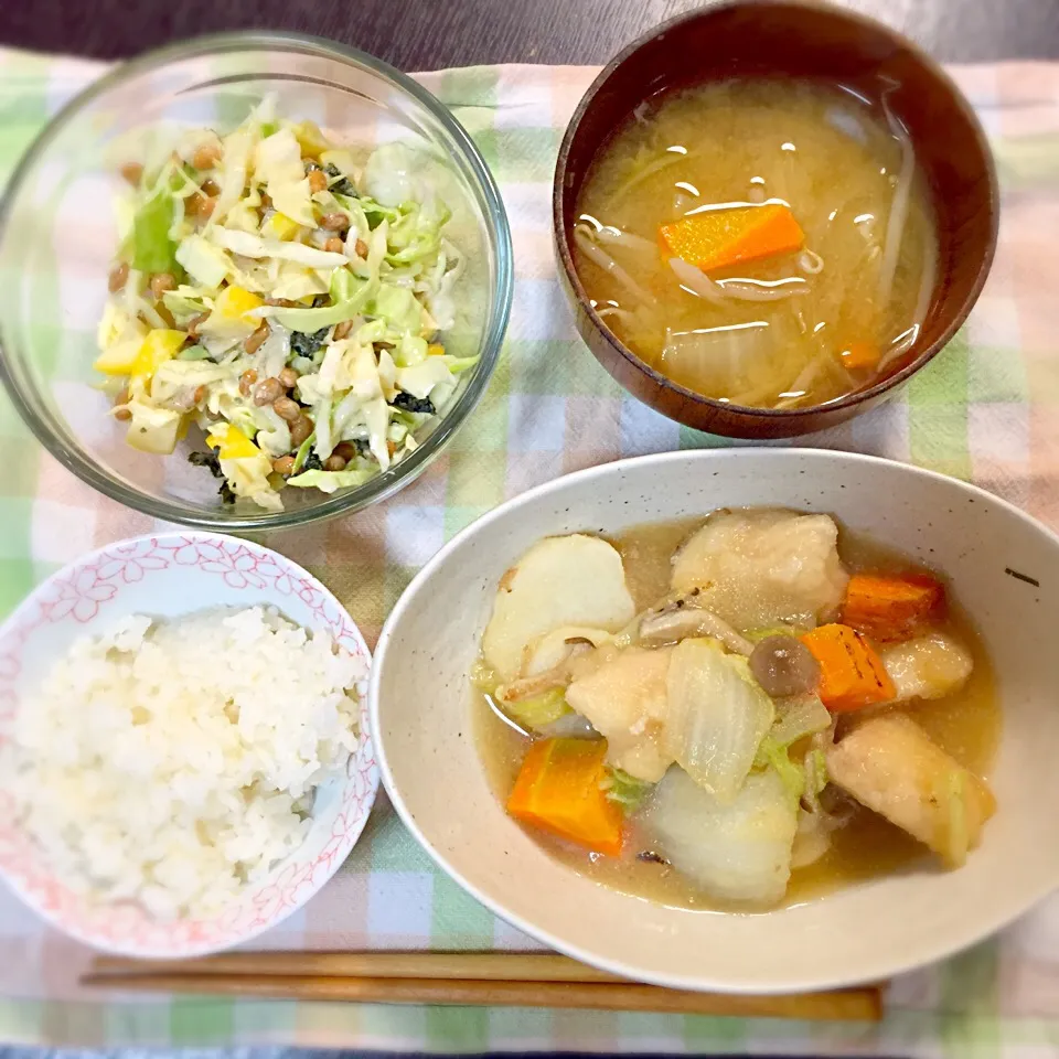 胸肉のみぞれ煮 キャベツ納豆塩レモン和え お味噌汁|2boy mamさん