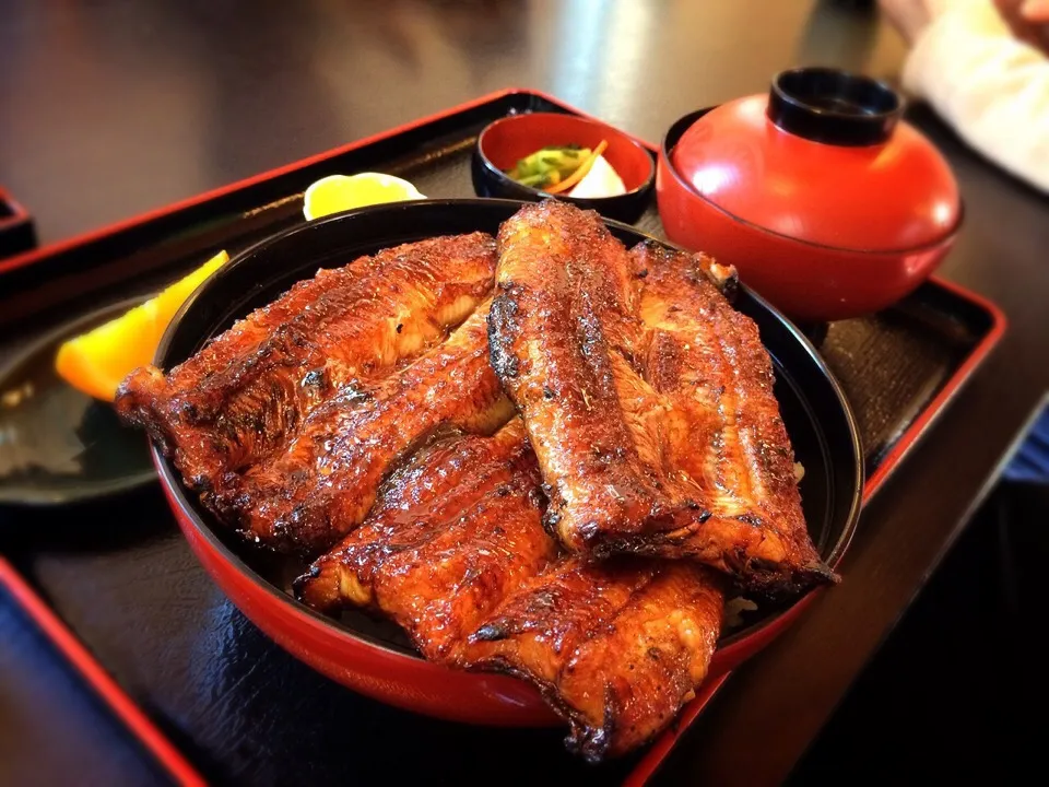 Snapdishの料理写真:ジャンボ鰻丼✨ご飯見えない〜♡鰻はみ出てる〜♡幸せ〜♡|mioさん