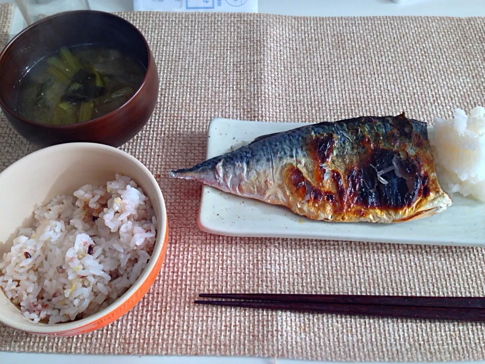 鯖の塩焼き 小松菜と大根の味噌汁|にゃろめさん