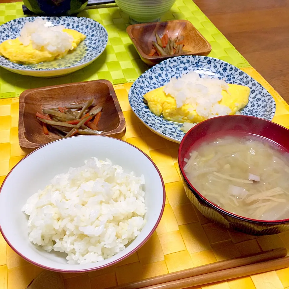 キンピラ、キノコの和風オムレツ、白菜と蓮根のお味噌汁|舐め子さん