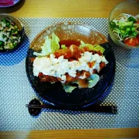 Snapdishの料理写真:チキン南蛮、炒りどうふ、そうめんの夕飯|Yuka Ismithさん