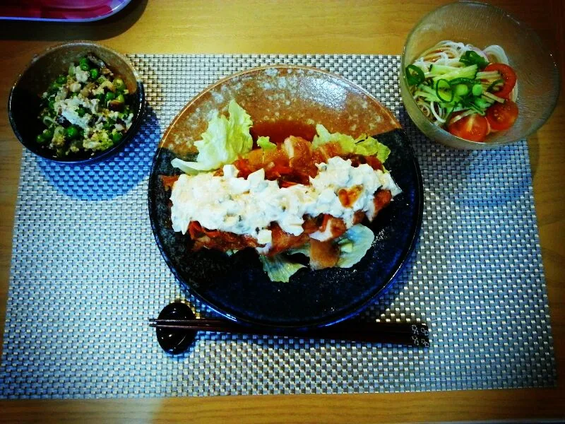 チキン南蛮、炒りどうふ、そうめんの夕飯|Yuka Ismithさん