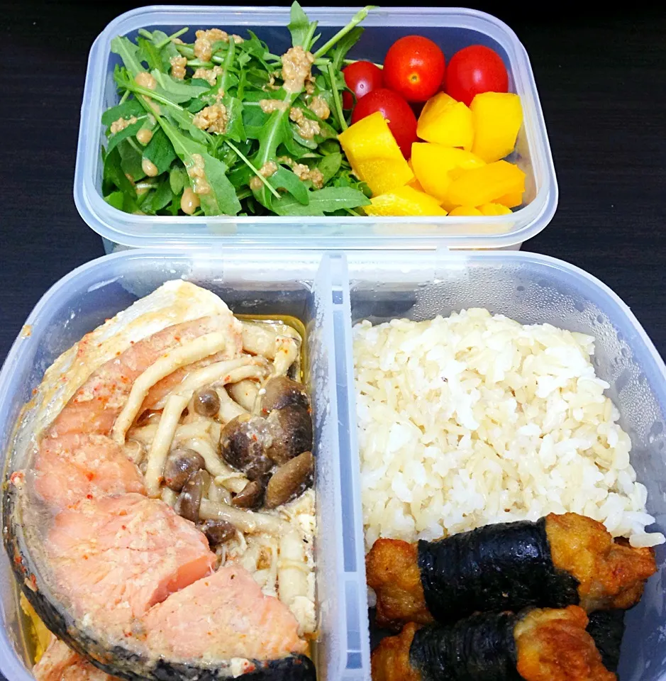 Today's bento - spicy miso salmon, seaweed chicken and rucola salad with sesame miso dressing|coxiella24さん