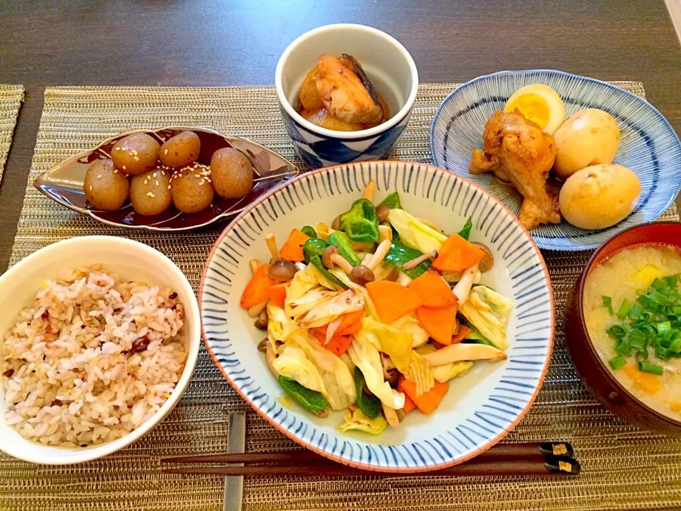 Snapdishの料理写真:野菜炒め   コンニャクの甘辛煮   ぶり大根   鶏のさっぱり煮   豚汁|NAKATAさん