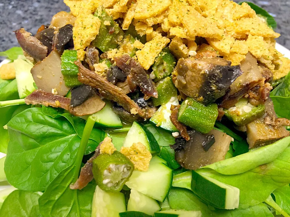 Diet Salad with trio of lettuce, spinach, beef bacon, okra, mushrooms and diet garlic herb chips|Cheryl Melnickさん