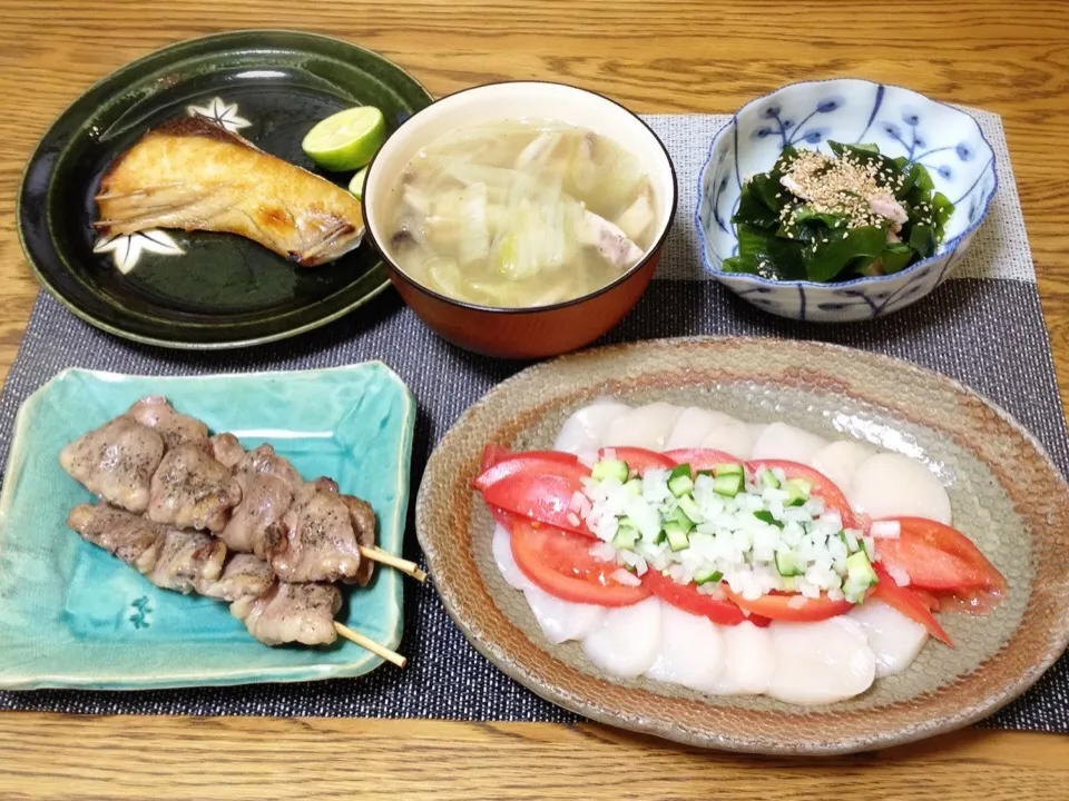 鰤塩焼き・お鍋リメイクスープ・生ワカメと鶏の酢の物・ホタテのカルパッチョ・心臓串|美也子さん