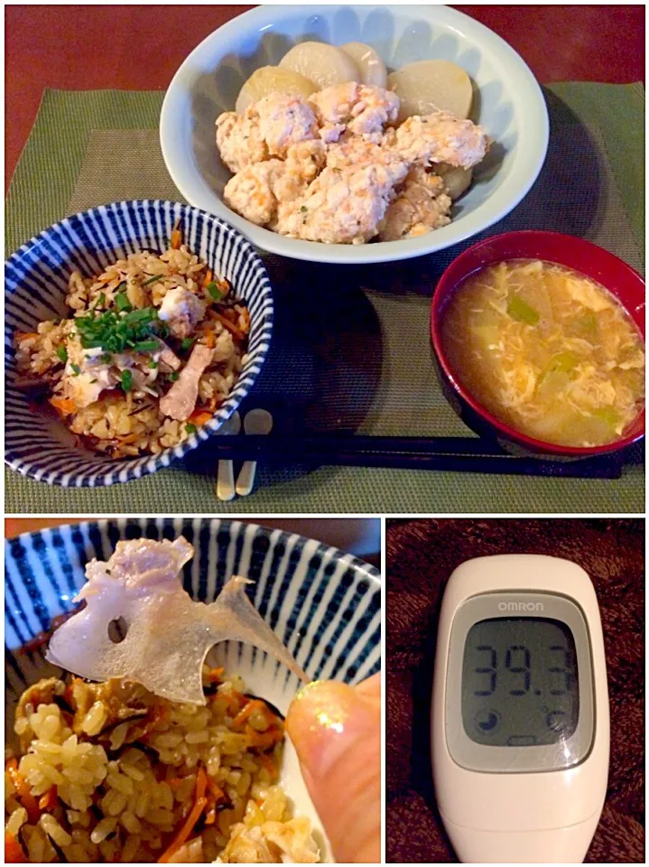 Snapdishの料理写真:Today's Dinner🍴生姜香る五目鯛飯･生姜たっぷりとろろんつくねと大根の煮物･焦がし葱と卵のお味噌汁|🌈Ami🍻さん