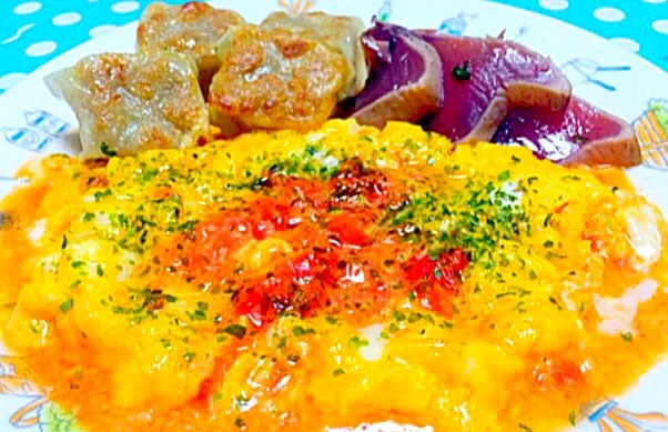 トマトのオムレツとシューマイとかつおのたたき - Tomato omelette with shumai & katsuo tataki ❤️😋✨|Liezlさん