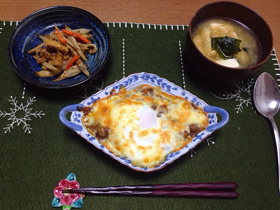 Snapdishの料理写真:カレードリア☆きんぴらごぼう☆お味噌汁☆|Milfeliceさん