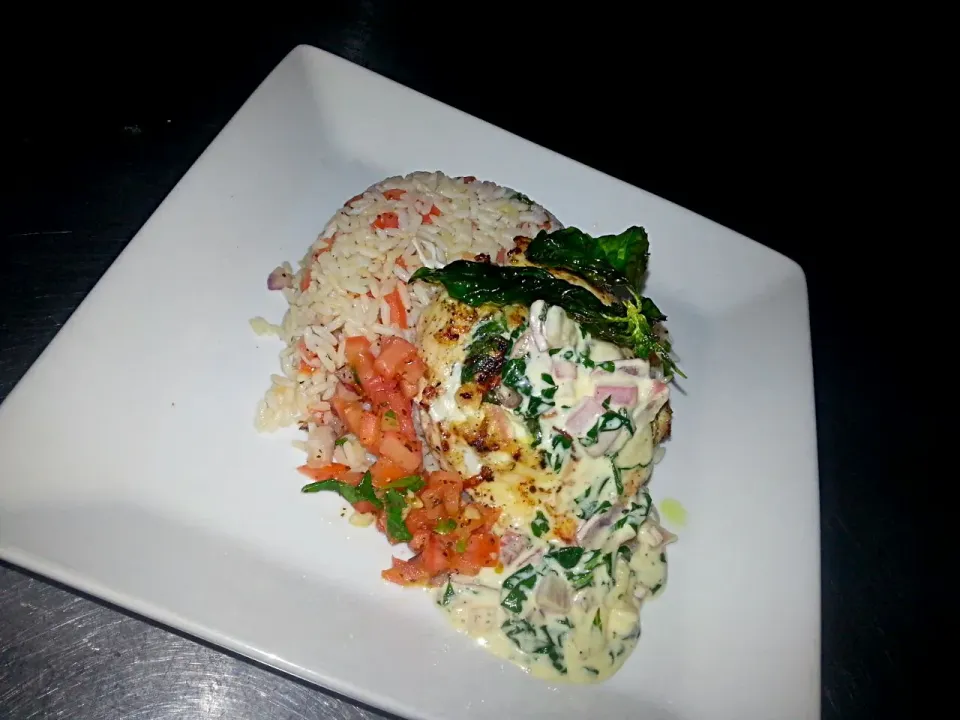 stuffed chicken with feta spinach basil cream sauce and bruschetta rice|Jayson Mccrimmonさん