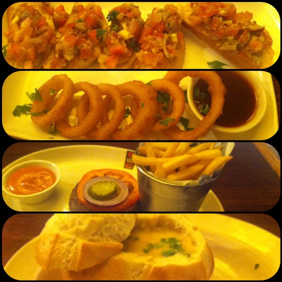 Mini bruschetta, onion rings, veggie burger and fries and vegetable chowder in bread bowl|🍓Jolejo🍓さん