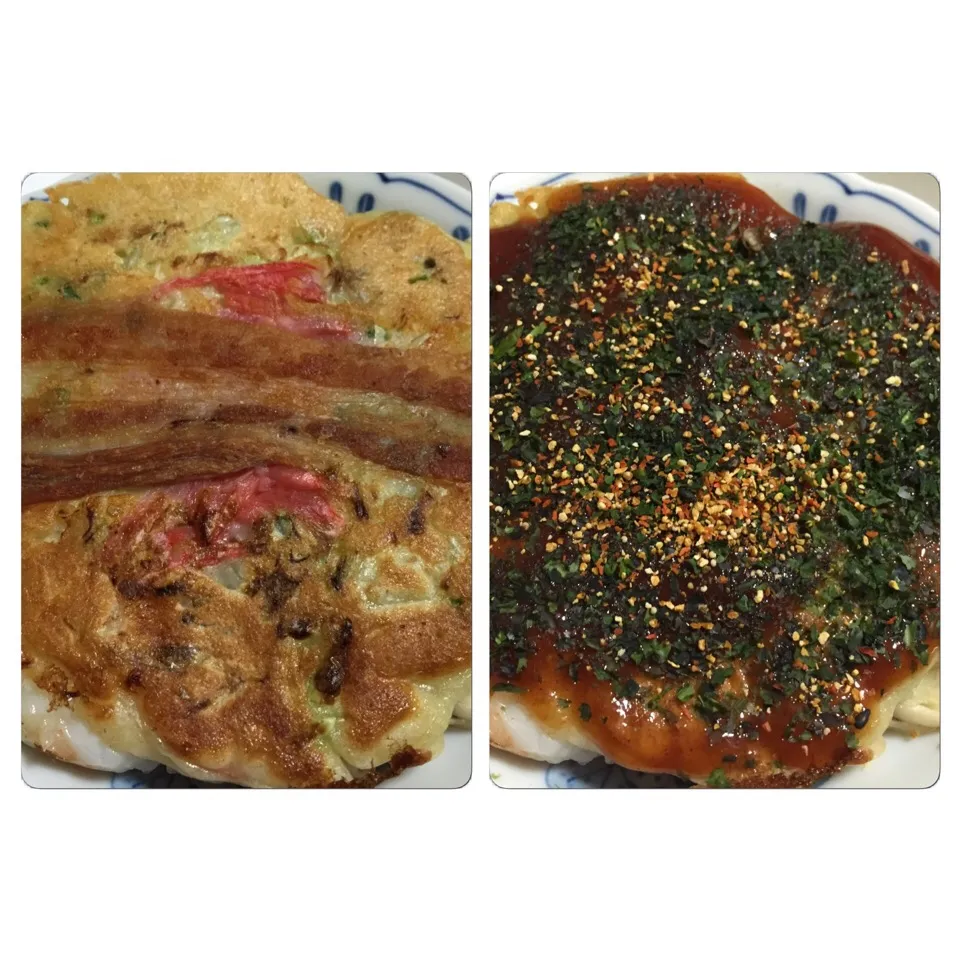 寒い夜は鉄板でお好み焼きを。我が家のソースはお好みソース、ケチャップ、醤油、ニンニクをブレンドの自家製。|sniper66さん