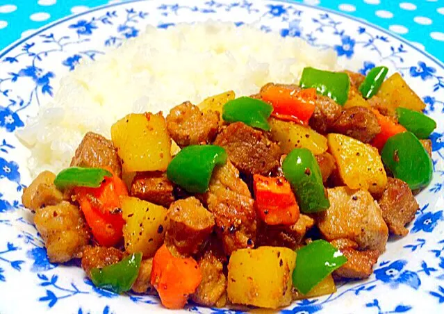 豚肉と野菜の炒め物とライス - Pork & sliced carrot, potato, green pepper fried in garlic & soy sauce with rice ❤️😋✨|Liezlさん