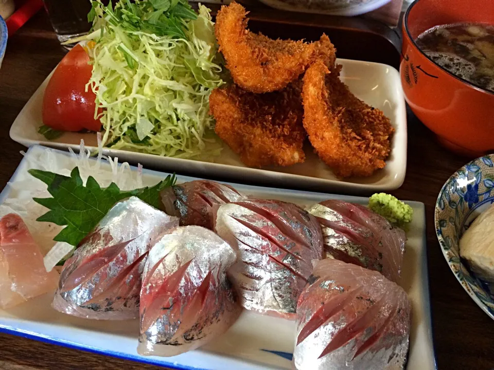 金谷 さすけ食堂   さすけ定食   黄金アジの刺身とフライ|qtyucoさん