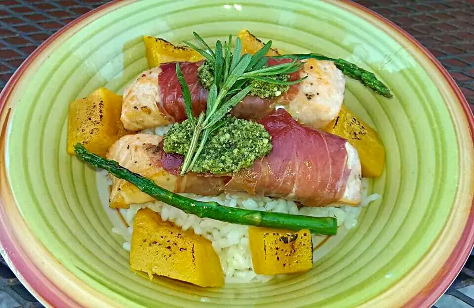 Prosciutto Wrapped Salmon with Glazed Butternut Squash on a bed of Risotto|Robert Schneiderさん