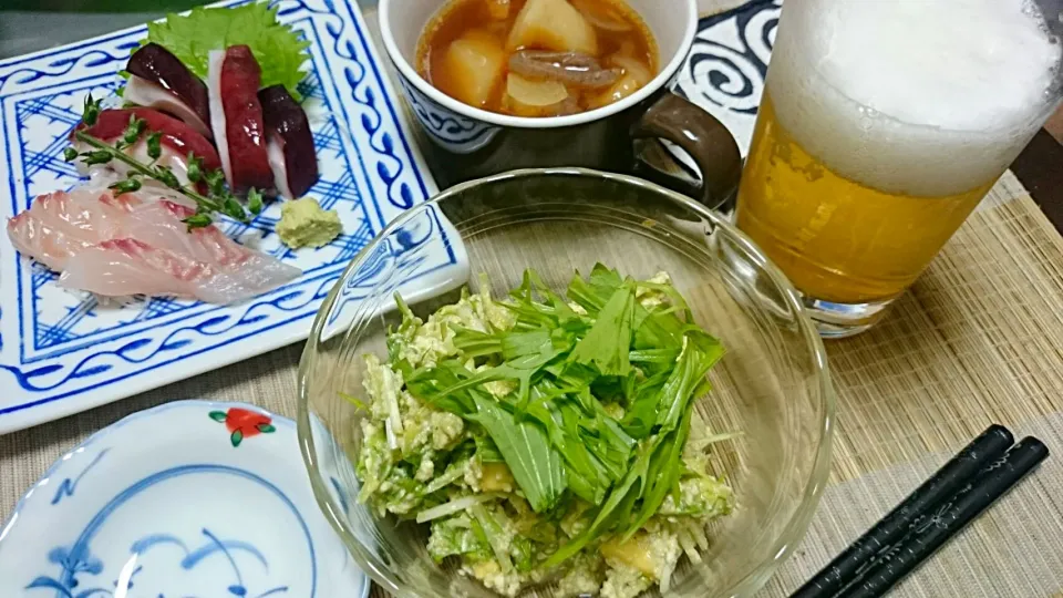 アボカド豆腐サラダ＆肉じゃが＆おさしみ|まぐろさん