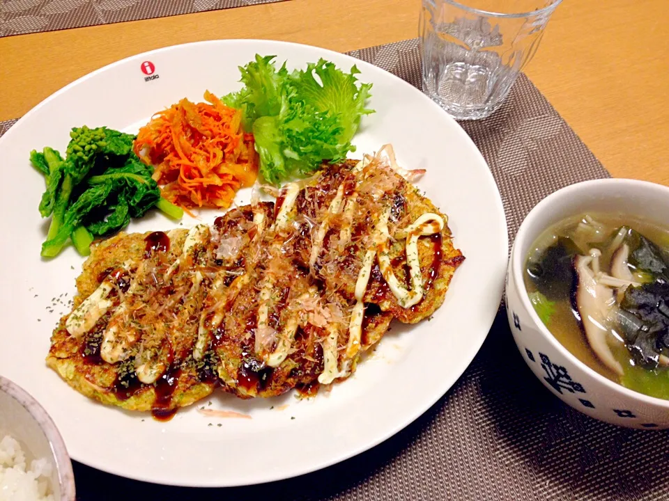 つくね芋のお好み焼き風、野菜とキノコのスープ、茹干大根と人参のナムル|ねむねこさん